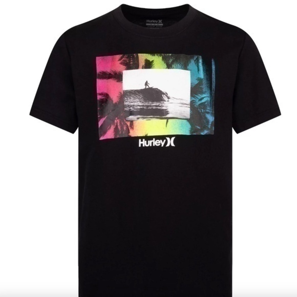 5/$25 Hurley Blocked Graphic Boy's Black Tee Shirt sz 10/12 10 12